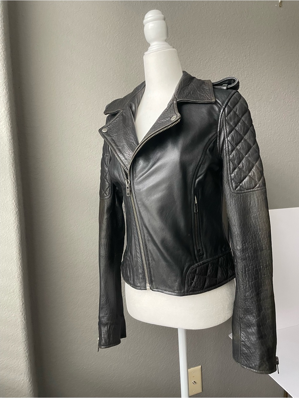 Superdry Women's Black Quilted Leather Moto Jacket NWOT Sz S
